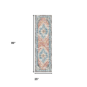 HomeRoots 8' Teal Taupe and Rust Geometric Runner Rug - Distressed Vintage Design with Fringe & Stain Resistance 555357