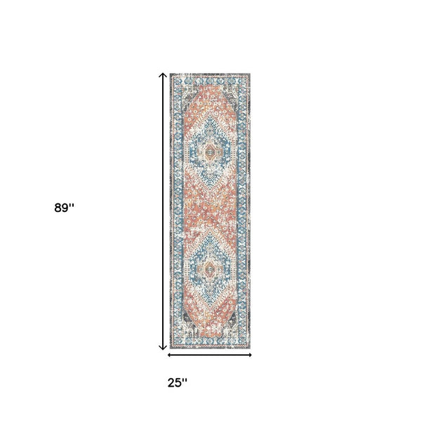 HomeRoots 8' Teal Taupe and Rust Geometric Runner Rug - Distressed Vintage Design with Fringe & Stain Resistance 555357