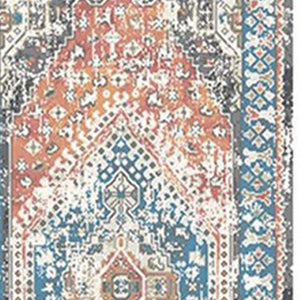 HomeRoots 8' Teal Taupe and Rust Geometric Runner Rug - Distressed Vintage Design with Fringe & Stain Resistance 555357