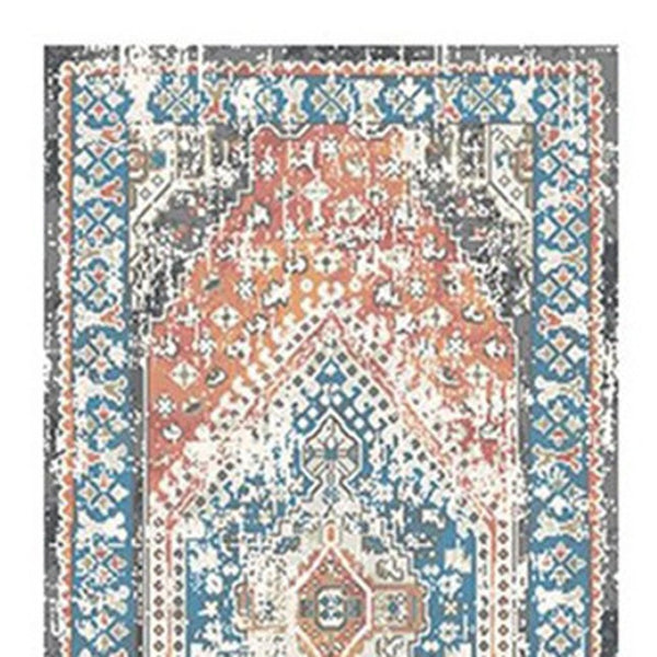 HomeRoots 8' Teal Taupe and Rust Geometric Runner Rug - Distressed Vintage Design with Fringe & Stain Resistance 555357