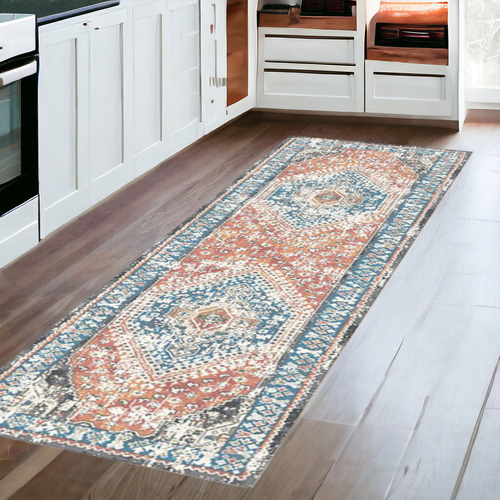 Homeroots 8' Teal Taupe And Rust Geometric Distressed Runner Rug With Fringe  Polyester 555357