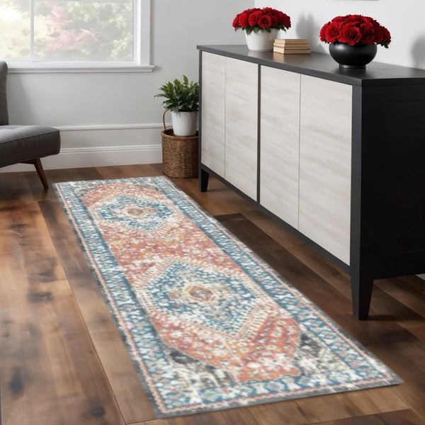 HomeRoots 8' Teal Taupe and Rust Geometric Runner Rug - Distressed Vintage Design with Fringe & Stain Resistance 555357