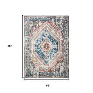 Homeroots 5' X 8' Teal Taupe And Rust Geometric Distressed Area Rug With Fringe  Polyester 555358