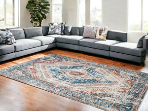 Homeroots 8' X 10' Teal Taupe And Rust Geometric Distressed Area Rug With Fringe  Polyester 555359