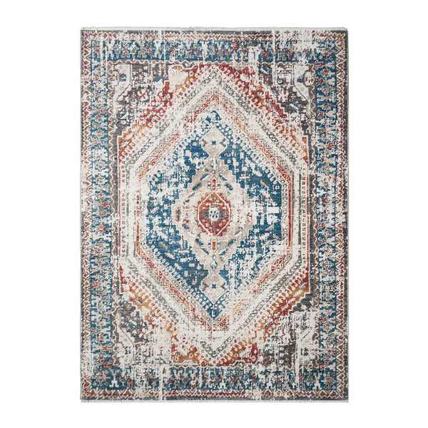 Homeroots 9' X 13' Teal Taupe And Rust Geometric Distressed Area Rug With Fringe  Polyester 555360