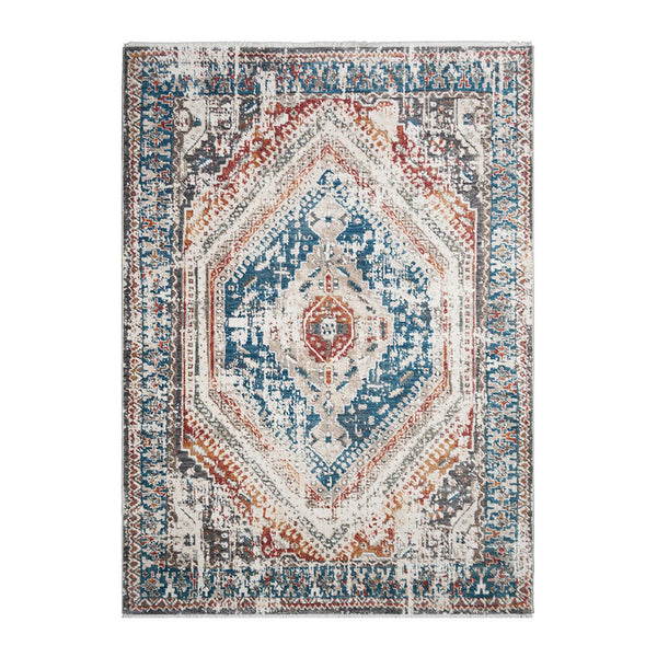 Homeroots 9' X 13' Teal Taupe And Rust Geometric Distressed Area Rug With Fringe  Polyester 555360