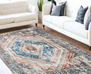 Homeroots 9' X 13' Teal Taupe And Rust Geometric Distressed Area Rug With Fringe  Polyester 555360