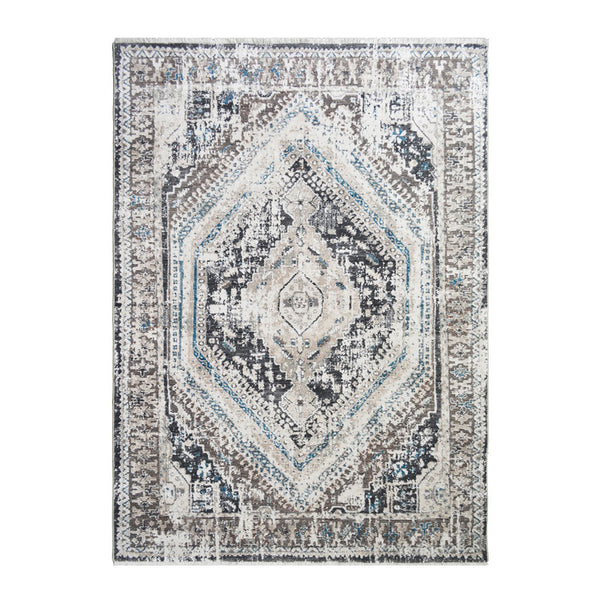 Homeroots 5' X 8' Gray Beige And Blue Geometric Distressed Area Rug With Fringe  Polyester 555363