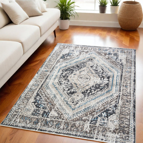 Homeroots 5' X 8' Gray Beige And Blue Geometric Distressed Area Rug With Fringe  Polyester 555363