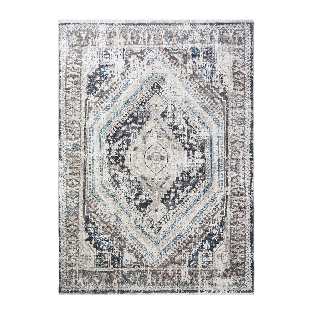 Homeroots 8' X 10' Gray Beige And Blue Geometric Distressed Area Rug With Fringe  Polyester 555364