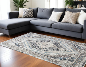 Homeroots 8' X 10' Gray Beige And Blue Geometric Distressed Area Rug With Fringe  Polyester 555364