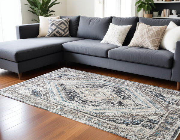 Homeroots 8' X 10' Gray Beige And Blue Geometric Distressed Area Rug With Fringe  Polyester 555364