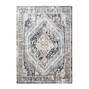HomeRoots 5' Gray Beige and Blue Geometric Distressed Area Rug with Fringe for Vintage Charm and Durability 9' X 13' 555365