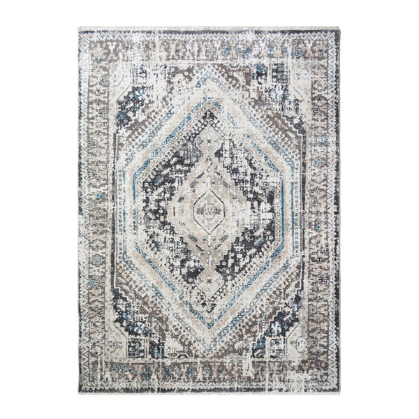 HomeRoots 5' Gray Beige and Blue Geometric Distressed Area Rug with Fringe for Vintage Charm and Durability 9' X 13' 555365
