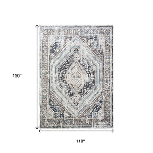 HomeRoots 5' Gray Beige and Blue Geometric Distressed Area Rug with Fringe for Vintage Charm and Durability 9' X 13' 555365