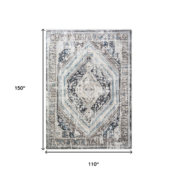 HomeRoots 5' Gray Beige and Blue Geometric Distressed Area Rug with Fringe for Vintage Charm and Durability 9' X 13' 555365