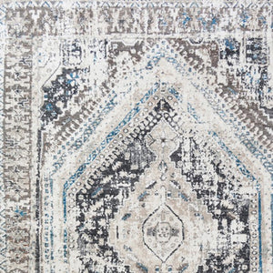 HomeRoots 5' Gray Beige and Blue Geometric Distressed Area Rug with Fringe for Vintage Charm and Durability 9' X 13' 555365