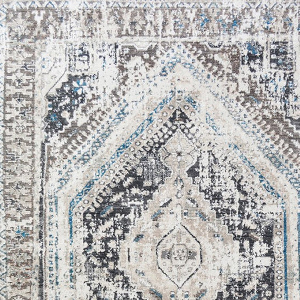 HomeRoots 5' Gray Beige and Blue Geometric Distressed Area Rug with Fringe for Vintage Charm and Durability 9' X 13' 555365