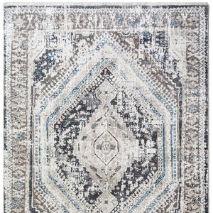 HomeRoots 5' Gray Beige and Blue Geometric Distressed Area Rug with Fringe for Vintage Charm and Durability 9' X 13' 555365