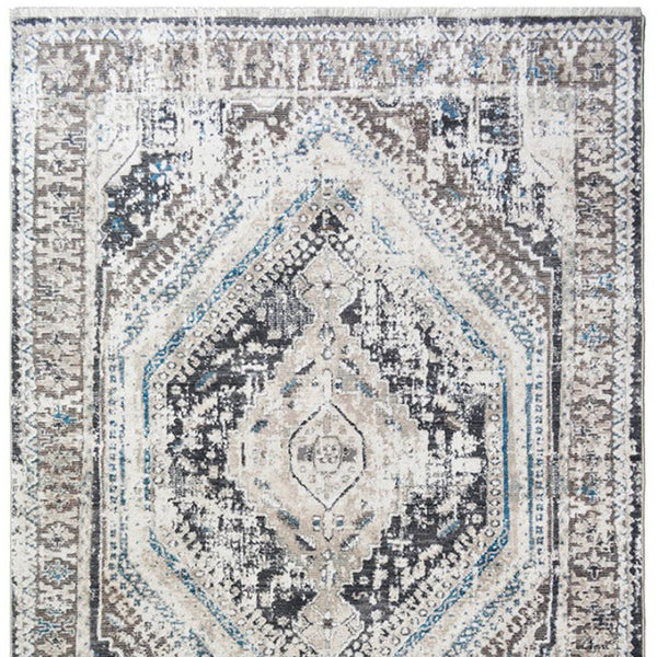 HomeRoots 5' Gray Beige and Blue Geometric Distressed Area Rug with Fringe for Vintage Charm and Durability 9' X 13' 555365