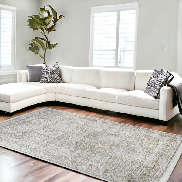 HomeRoots 5' Ivory Oriental Distressed Area Rug with Fringe Tassels – Soft, Stain-Resistant, Timeless Style 8' X 10' 555369