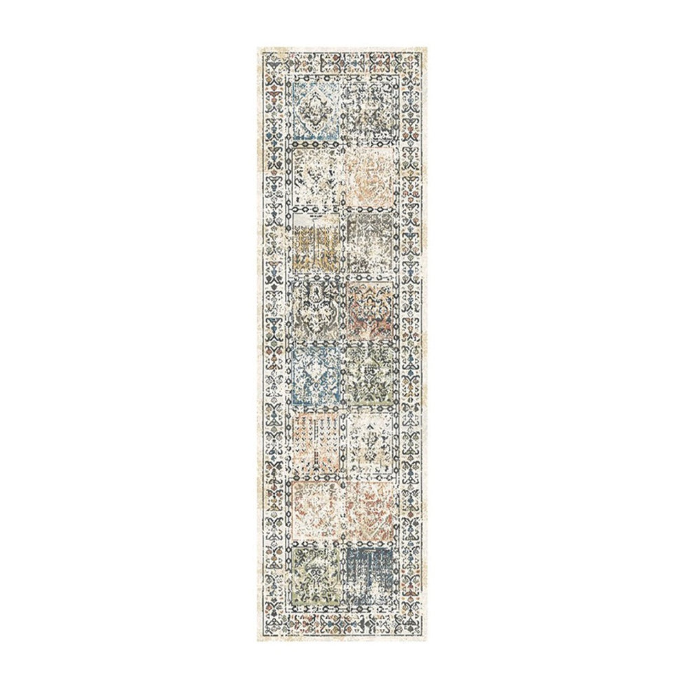 HomeRoots 8' Stylish Ivory Blue and Gray Distressed Patchwork Runner Rug with Fringe for Homes and Halls 555372
