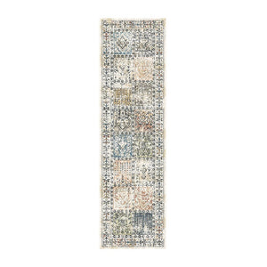 HomeRoots 8' Stylish Ivory Blue and Gray Distressed Patchwork Runner Rug with Fringe for Homes and Halls 555372