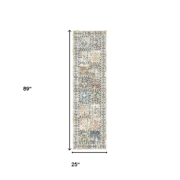 HomeRoots 8' Stylish Ivory Blue and Gray Distressed Patchwork Runner Rug with Fringe for Homes and Halls 555372