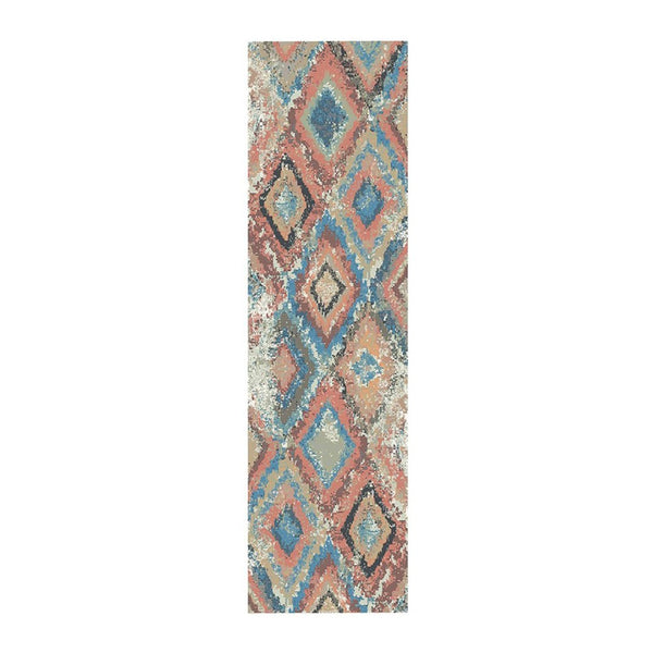 HomeRoots 8' Blue Geometric Distressed Runner Rug with Classic Tassel Fringe for Cozy Hallways & Entryways 555377