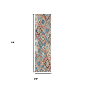 HomeRoots 8' Blue Geometric Distressed Runner Rug with Classic Tassel Fringe for Cozy Hallways & Entryways 555377