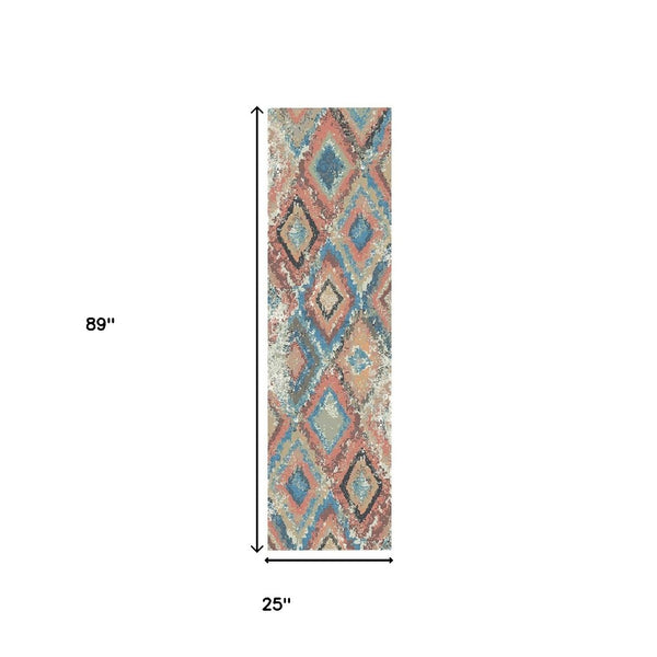 HomeRoots 8' Blue Geometric Distressed Runner Rug with Classic Tassel Fringe for Cozy Hallways & Entryways 555377