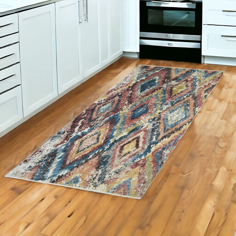 HomeRoots 8' Blue Geometric Distressed Runner Rug with Classic Tassel Fringe for Cozy Hallways & Entryways 555377