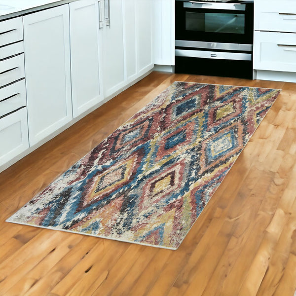 HomeRoots 8' Blue Geometric Distressed Runner Rug with Classic Tassel Fringe for Cozy Hallways & Entryways 555377
