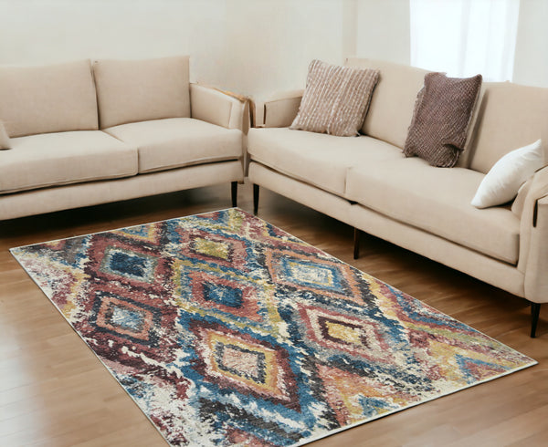 Homeroots 5' X 8' Blue Geometric Distressed Area Rug With Fringe  Polyester 555378