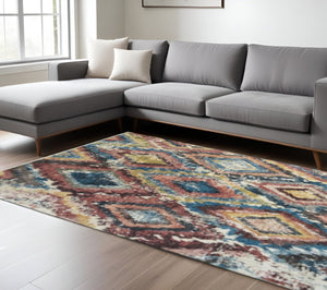 HomeRoots 5' Blue Geometric Distressed Area Rug with Fringed Edges – Stylish Comfort for Any Room Decor 8' X 10' 555379