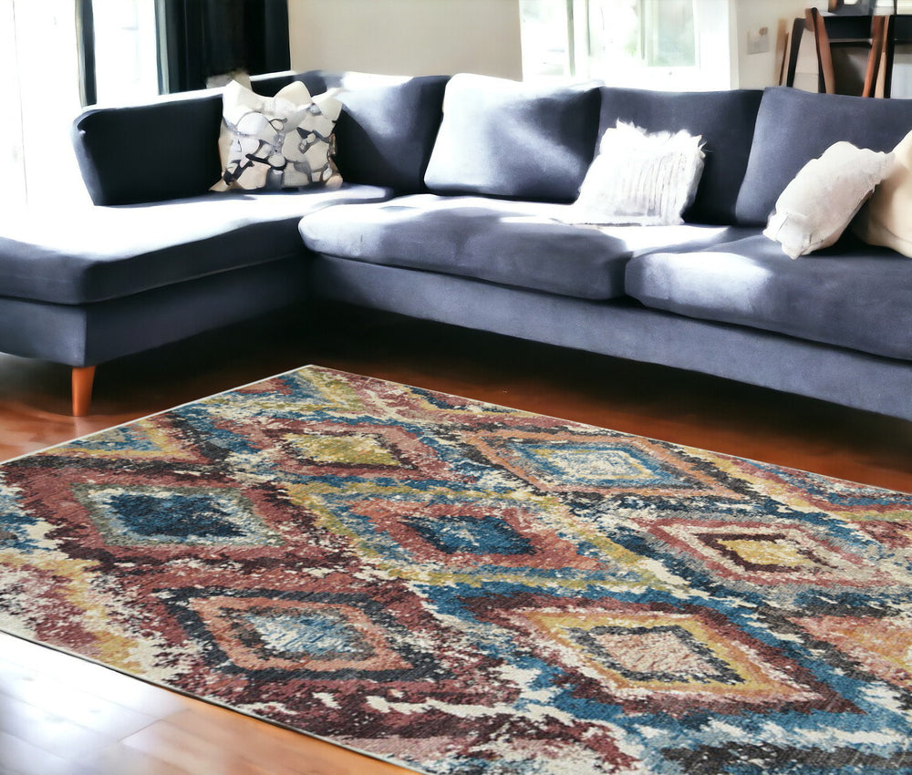 Homeroots 9' X 13' Blue Geometric Distressed Area Rug With Fringe  Polyester 555380