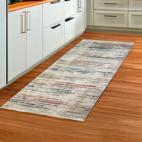 HomeRoots 8' Beige Geometric Distressed Runner Rug with Fringed Edges - Vintage Style for Hallways & Entryways 555387