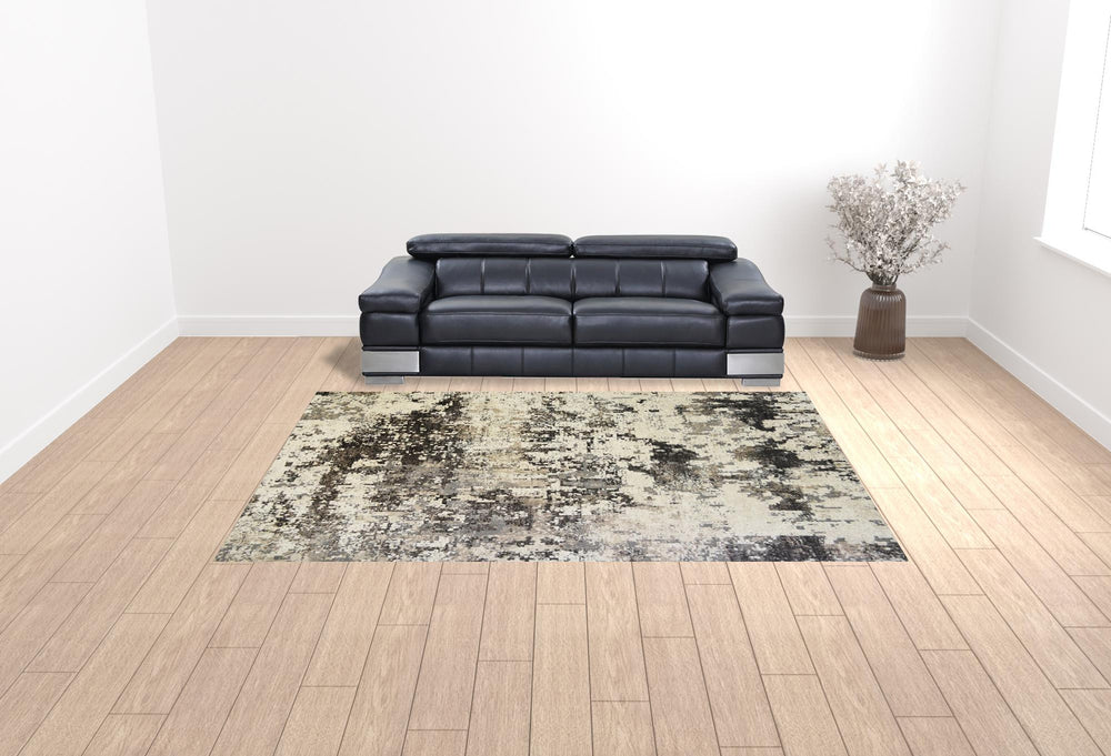Homeroots 9' X 13' Black Abstract Distressed Area Rug With Fringe  Polyester 555395