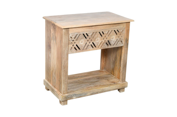 HomeRoots 28" Natural Solid Wood Nightstand with Geometric Design, Coastal Charm & Versatile Storage Solution 555399