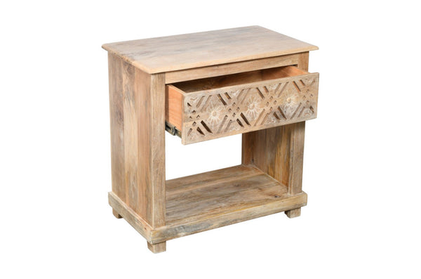 HomeRoots 28" Natural Solid Wood Nightstand with Geometric Design, Coastal Charm & Versatile Storage Solution 555399