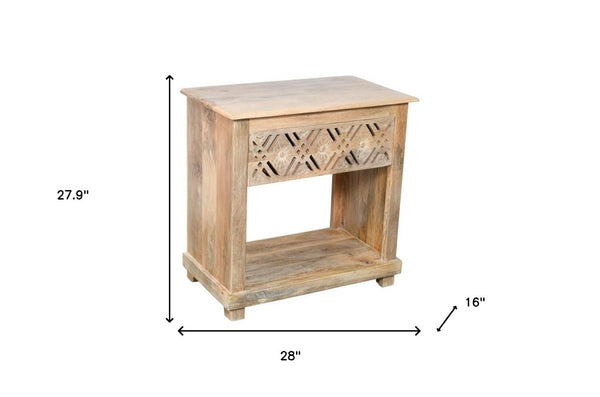 HomeRoots 28" Natural Solid Wood Nightstand with Geometric Design, Coastal Charm & Versatile Storage Solution 555399