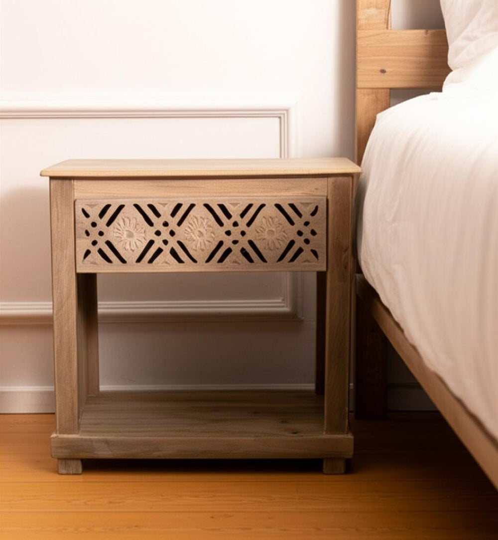 HomeRoots 28" Natural Solid Wood Nightstand with Geometric Design, Coastal Charm & Versatile Storage Solution 555399