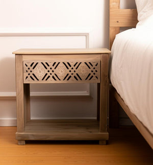 HomeRoots 28" Natural Solid Wood Nightstand with Geometric Design, Coastal Charm & Versatile Storage Solution 555399