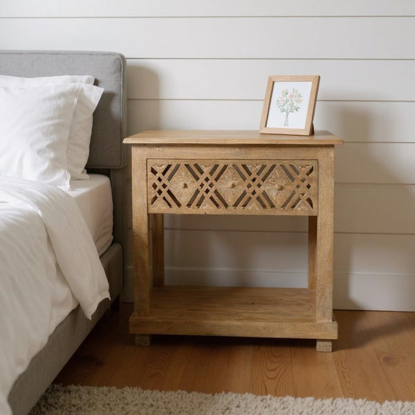 HomeRoots 28" Distressed Solid Wood Nightstand with Drawer and Shelf - Coastal Charm for Any Room Decor 555400
