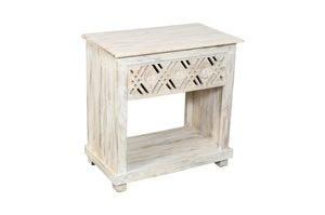 Homeroots 28" White Distressed Carved Geometric Solid Wood Nightstand   555401