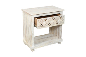 Homeroots 28" White Distressed Carved Geometric Solid Wood Nightstand   555401