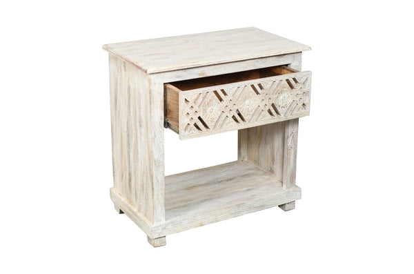 Homeroots 28" White Distressed Carved Geometric Solid Wood Nightstand   555401