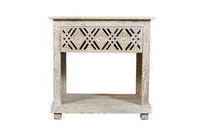 Homeroots 28" White Distressed Carved Geometric Solid Wood Nightstand   555401