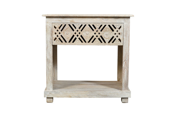 Homeroots 28" White Distressed Carved Geometric Solid Wood Nightstand   555401