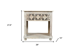 Homeroots 28" White Distressed Carved Geometric Solid Wood Nightstand   555401